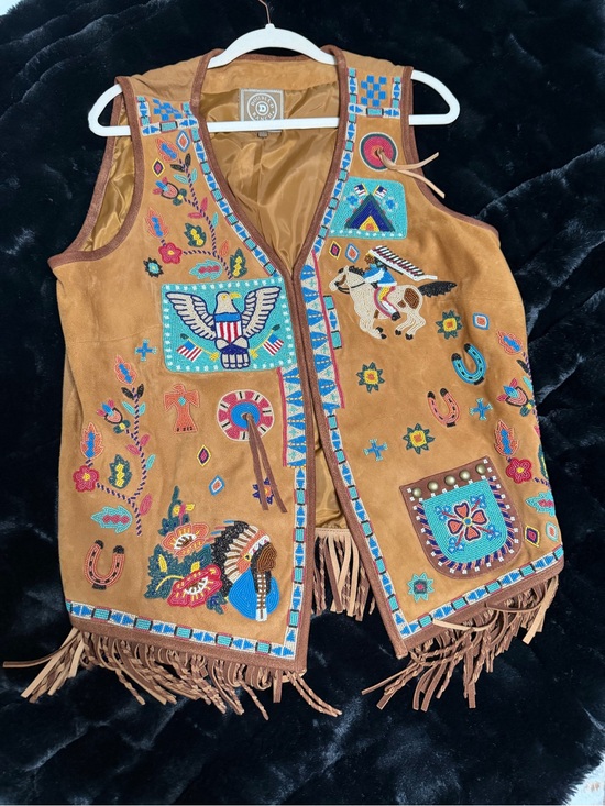 Double D Ranch Jackets & Blazers - Double D Ranch Embroidered Suede Fringe Vest in Tan with Turquoise & Red Accents